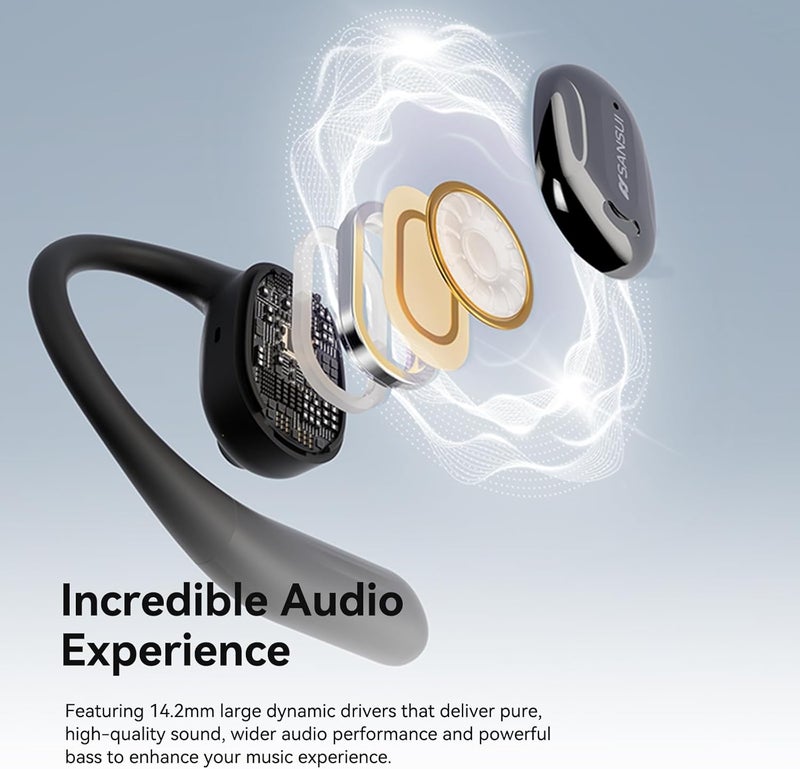 Sansui Open Ear Headphones,Wireless Earbuds with Ergonomic Earhook,Bluetooth Headphones 5.4 with Noise Cancelling Mic,56H Playtime,IP55 Waterproof Ear Buds for Cycling,Running,Workout(Black) - Image 3